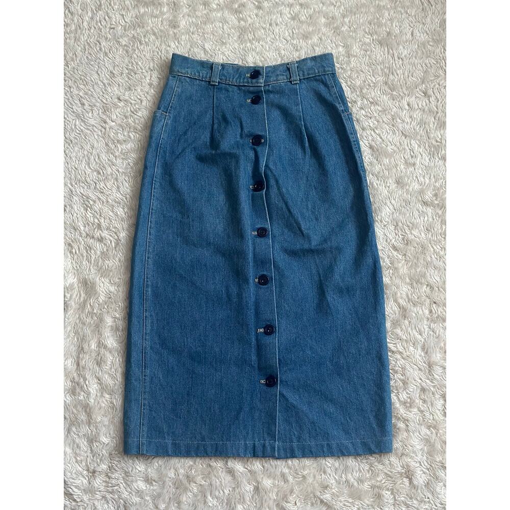 Vintage 90s Candie's XS/S Blue Denim Jean Midi Skirt with Buttons and Slit - Picture 2 of 6
